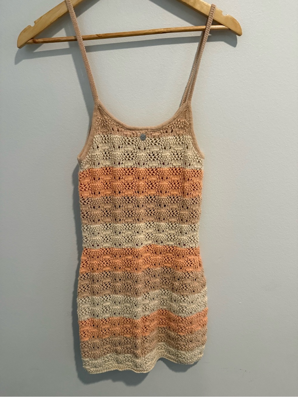 Roxy Tiki Time Crochet Mini Dress Peach Stripe Cross Back Small Surf Beach